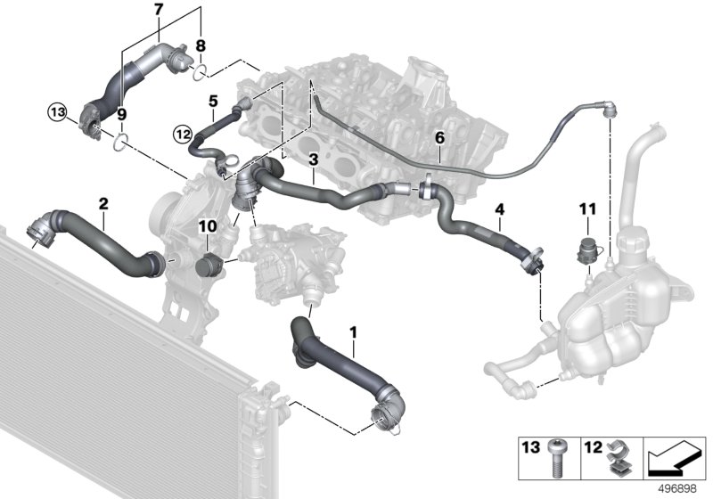 Шланги системы охлаждения для BMW F46 218i B38C (схема запчастей)