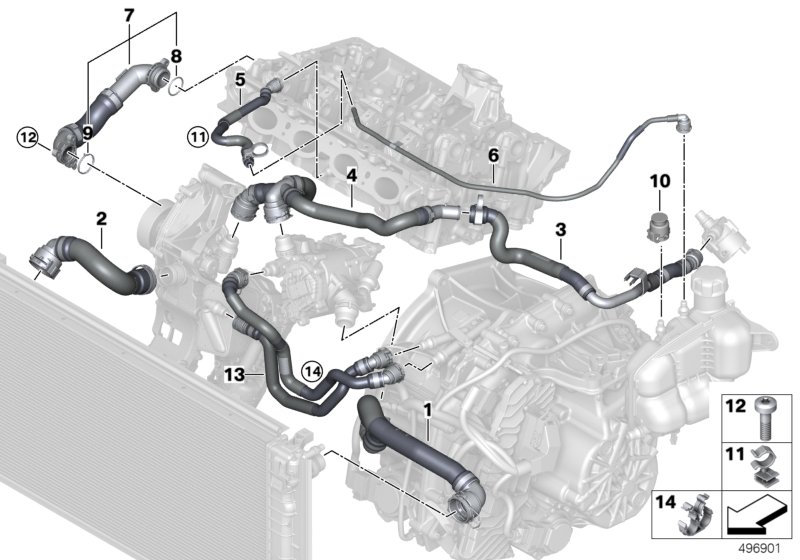 Шланги системы охлаждения для BMW F48 X1 20iX B48C (схема запчастей)