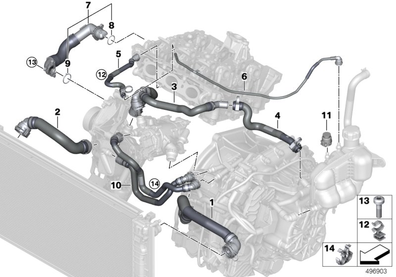 Шланги системы охлаждения для BMW F40 118i B38C (схема запчастей)