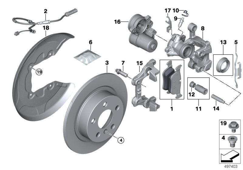 Тормозной механизм заднего колеса для BMW F60 Cooper S ALL4 B46 (схема запчастей)
