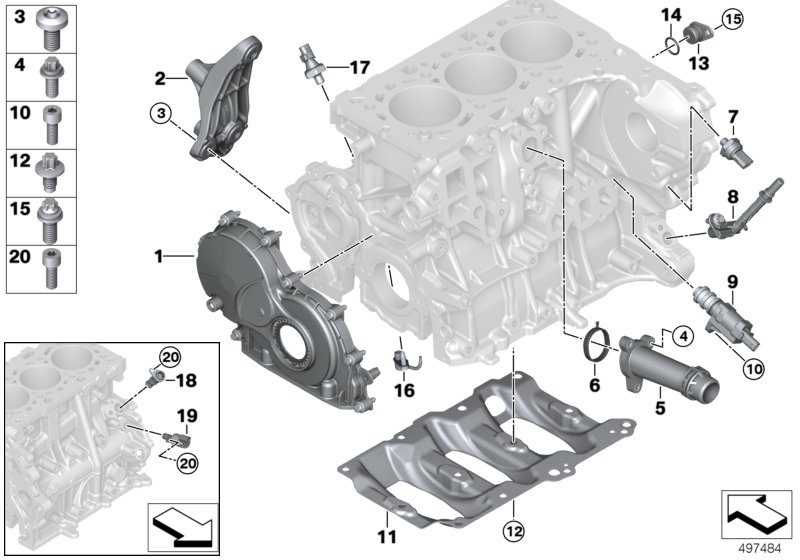Блок цилиндров/дополнительные элементы для BMW F56 One D B37A (схема запчастей)