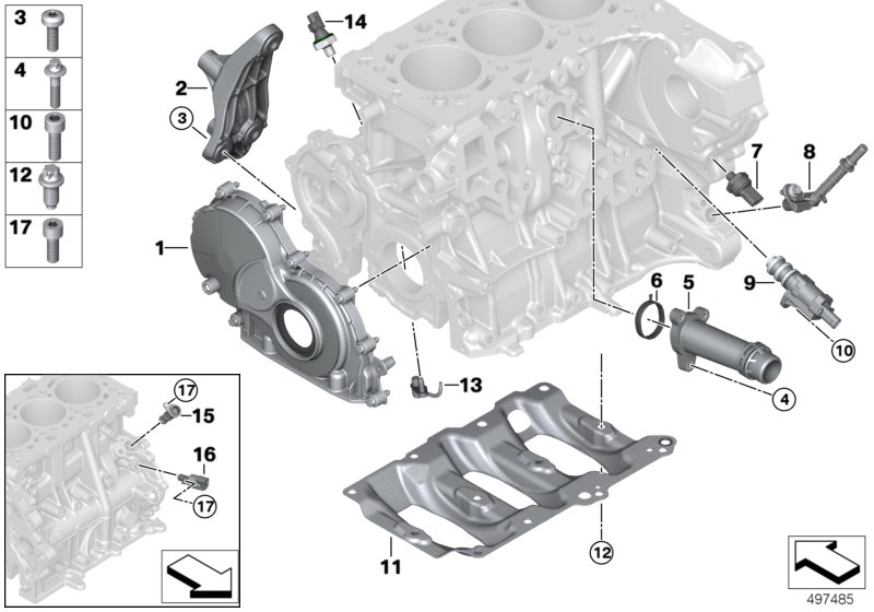 Блок цилиндров/дополнительные элементы для BMW F48 X1 16d B37B (схема запчастей)