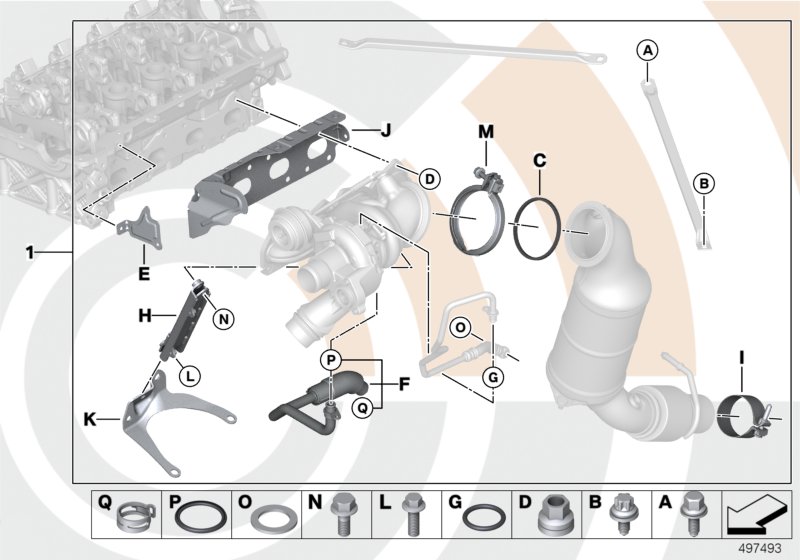 Турбонагнетатель и монтажный комплект для BMW F30 316i N13 (схема запчастей)