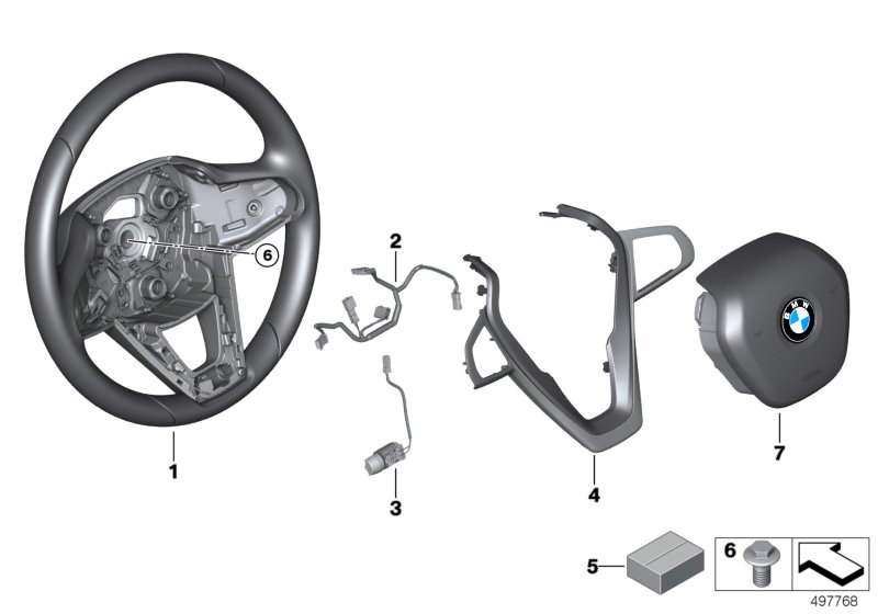 Рулевое колесо с НПБ, кожа для BMW G21 330dX B57 (схема запчастей)