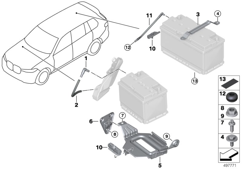 Доп.элементы АКБ для BMW G07 X7 M50iX N63B (схема запчастей)