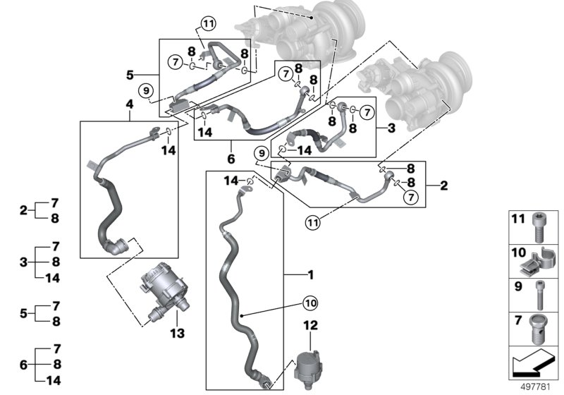 Система охлаждения-турбонагнетатель для BMW G30 M550iX N63B (схема запчастей)