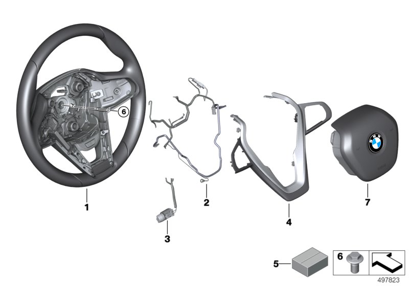Многофункц.спортив.рулевое колесо с НПБ для BMW G21 320d B47D (схема запчастей)