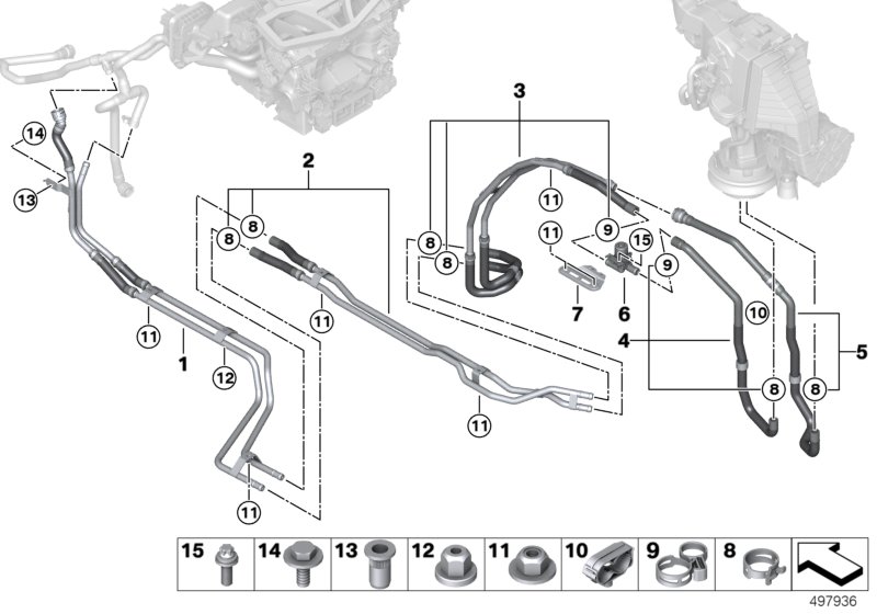 Шланги системы охлаждения под днищем для BMW G07 X7 50iX N63M (схема запчастей)