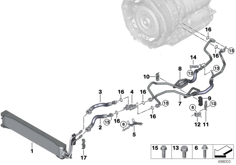 Теплообменник/трубопровод радиатора КПП для BMW RR11 Phantom N74L (схема запчастей)
