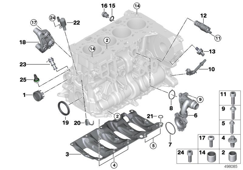 Блок цилиндров/дополнительные элементы для BMW F48N X1 25dX B47E (схема запчастей)