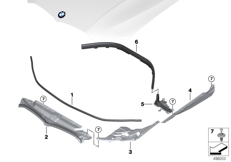 Уплотнители капота для BMW G20 318d B47B (схема запчастей)