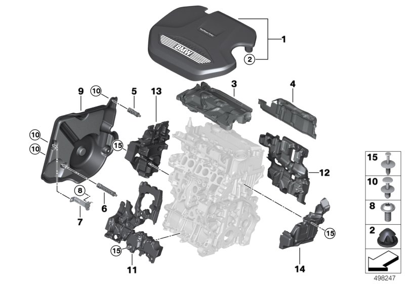 Звукоизоляционный кожух двигателя для BMW F48N X1 16d B37B (схема запчастей)