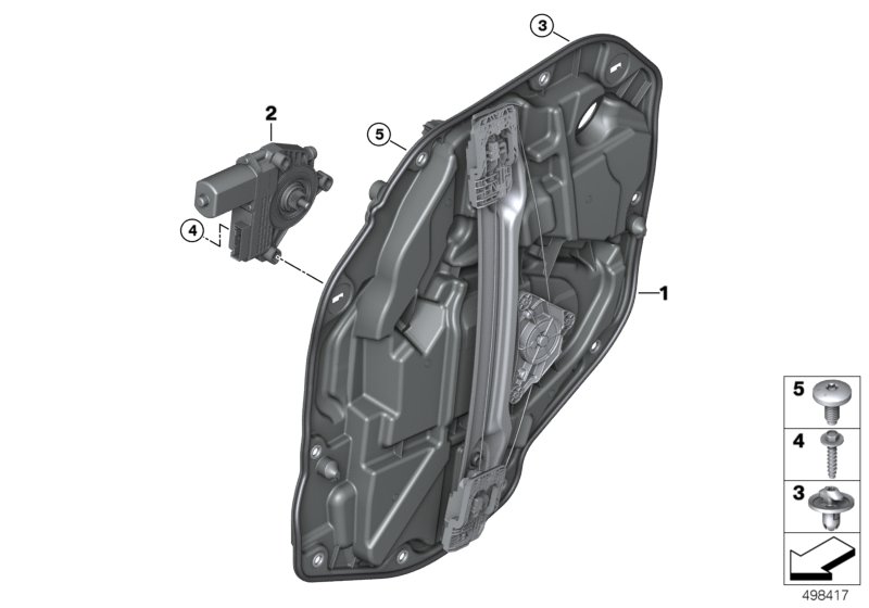 Механизм перемещения стекла двери Зд для BMW F40 118i B38C (схема запчастей)
