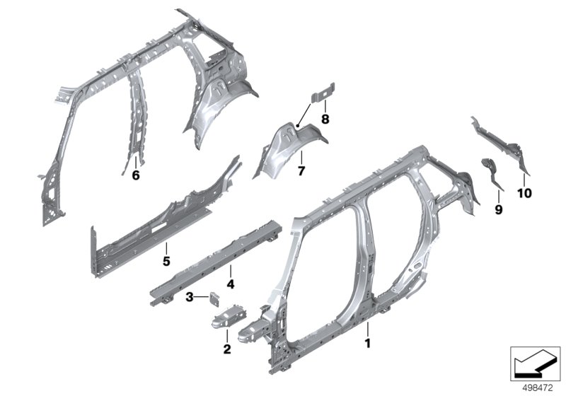 Детали бокового каркаса для BMW F55 One First B38 (схема запчастей)