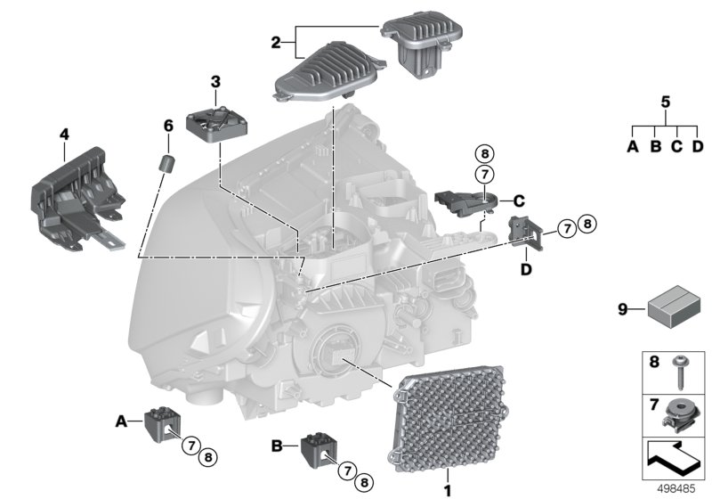 Детали светодиодной фары для BMW F48N X1 18dX B47B (схема запчастей)