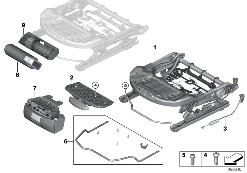 Каркас подушки переднего сиденья для BMW F54 One B38 (схема запчастей)
