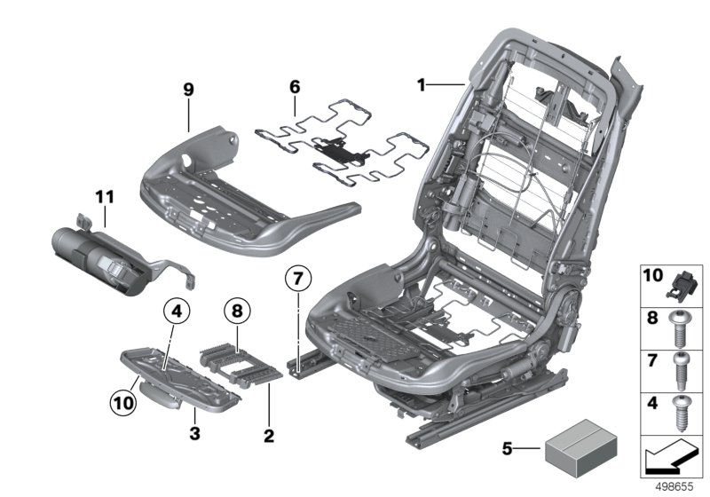 Каркас подушки переднего сиденья для BMW F06 640i N55 (схема запчастей)