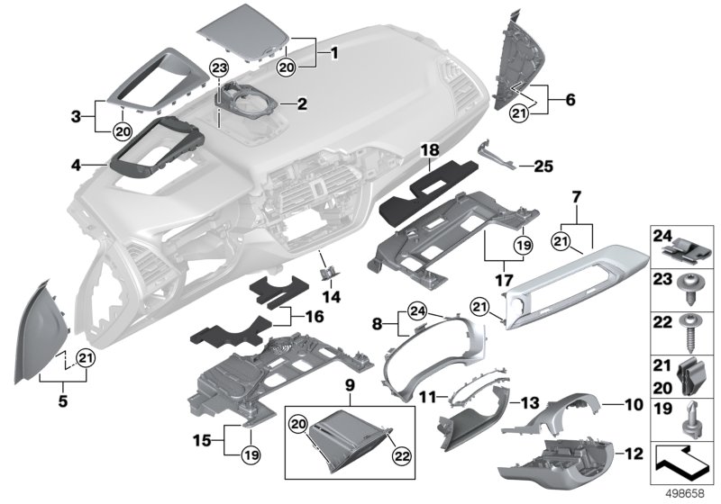 Доп.элементы панели приборов для BMW G01 X3 25dX (TX55) B47 (схема запчастей)