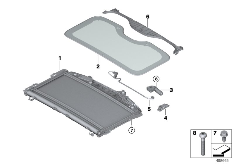 Панорамная крыша 3-я стеклянная секция для BMW G07 X7 40iX B58C (схема запчастей)
