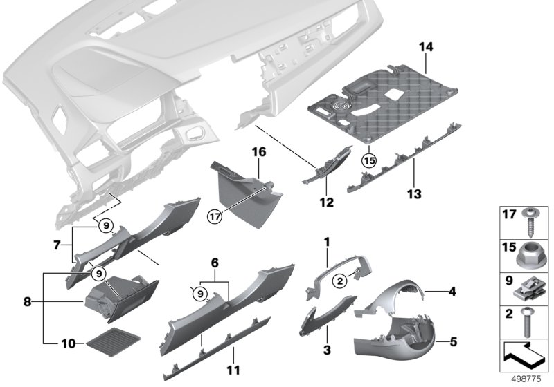 Доп.элементы панели приборов Нж. для BMW F46 216i B38 (схема запчастей)