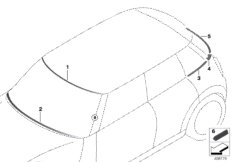 Остекление, дополнительные элементы для BMW F57 Cooper S B46C (схема запасных частей)