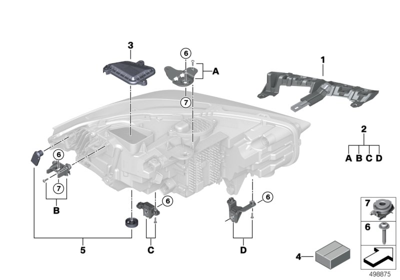 Детали светодиодной фары для BMW F40 118d B47B (схема запчастей)