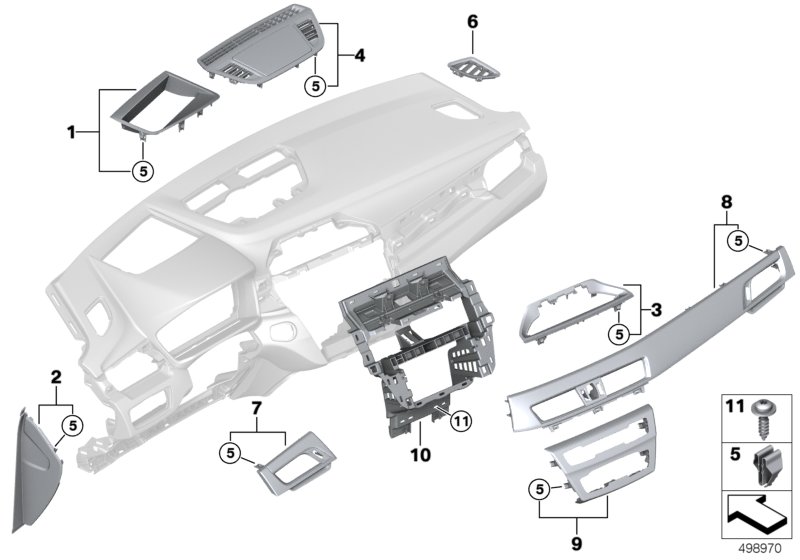 Доп.элементы панели приборов Вх для BMW F48 X1 18d B47 (схема запчастей)