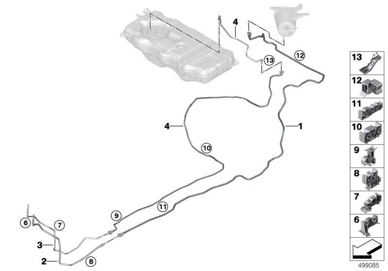 Топливопровод/ элементы крепления для BMW G20 330e B48X (схема запчастей)