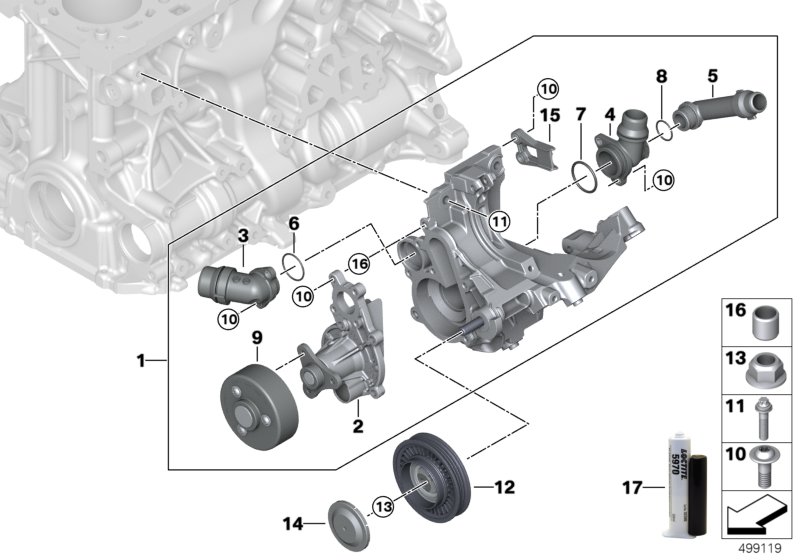 Система охлаждения-насос ОЖ для BMW G20 330e B48X (схема запчастей)