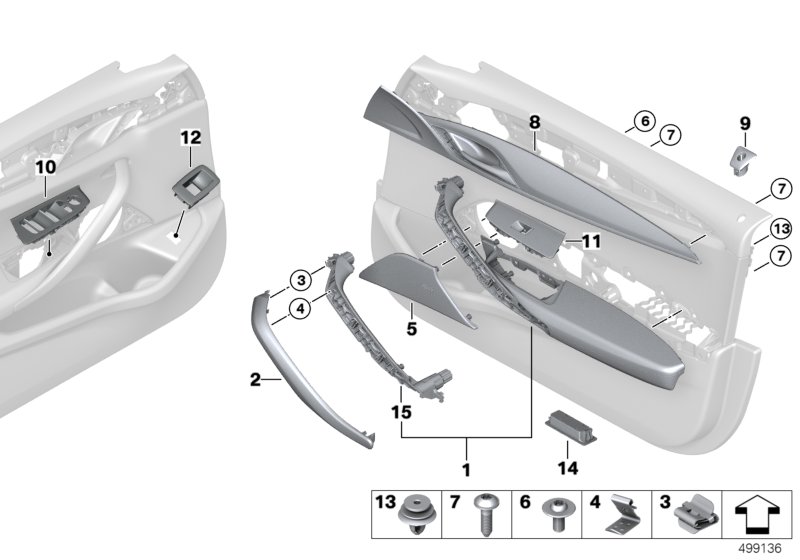 Доп.элементы обшивки передней двери для BMW G31 530i B48 (схема запчастей)