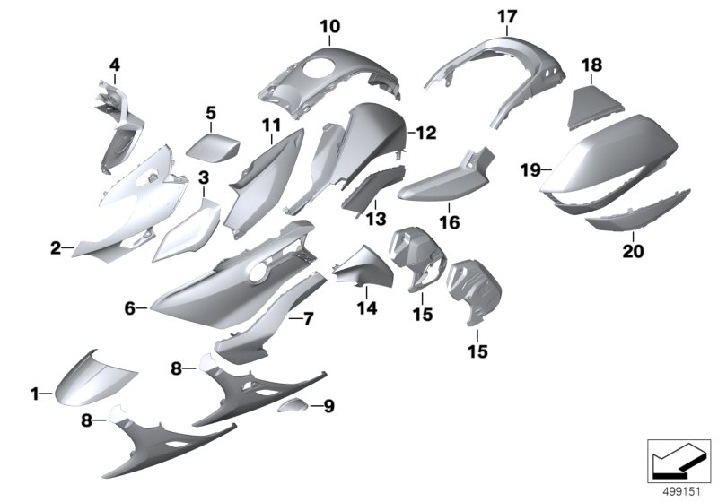 Окраш.детали WN2W hockenheim серебристый для BMW K61 K 1600 Bagger (0F51, 0F53) 0 (схема запчастей)