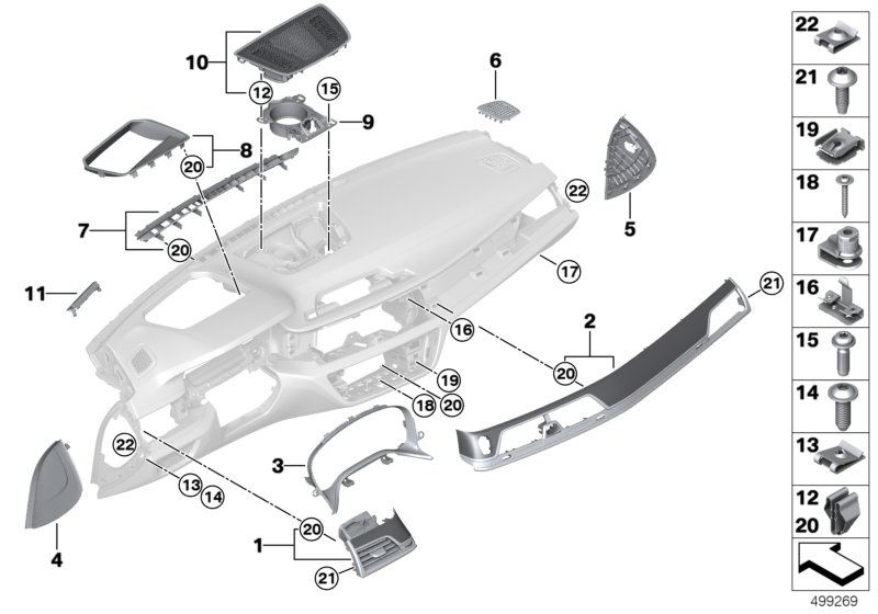 Доп.элементы панели приборов Вх для BMW G12 740LiX B58 (схема запчастей)