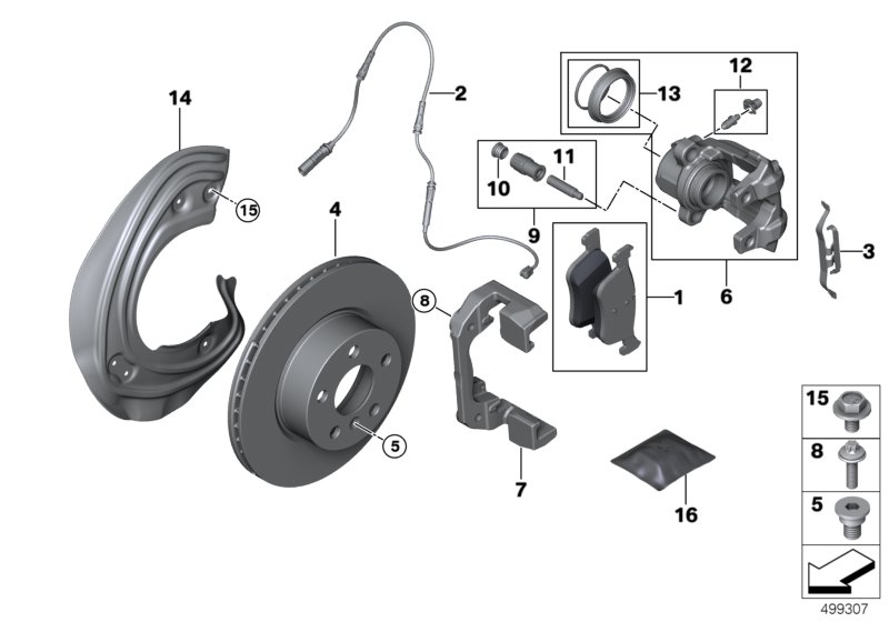 Тормозной механизм переднего колеса для BMW G21 318d B47B (схема запчастей)