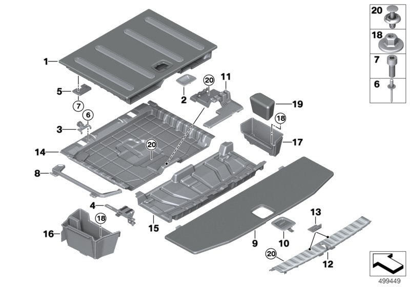 Облицовка пола багажного отделения для BMW G21 330iX B48D (схема запчастей)
