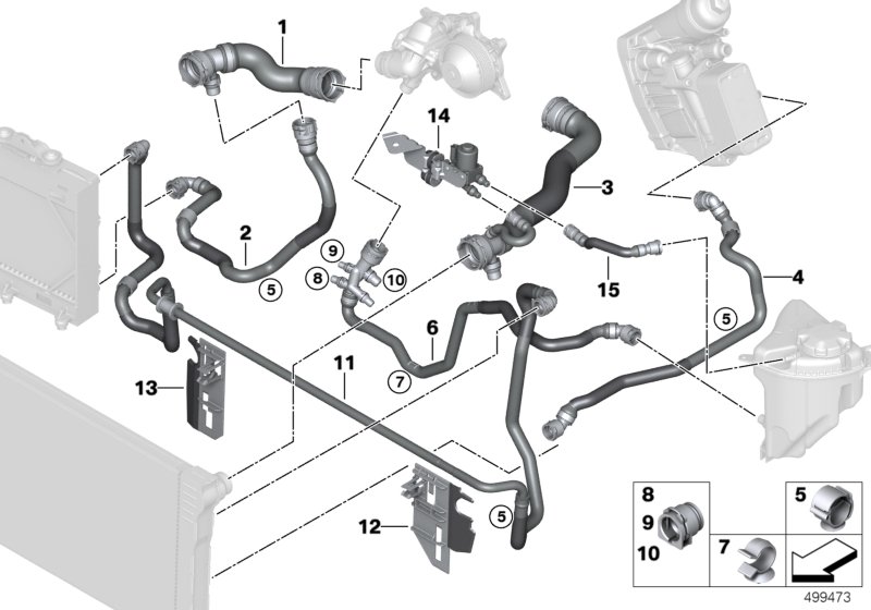 Шланги системы охлаждения для BMW F11N 535dX N57Z (схема запчастей)
