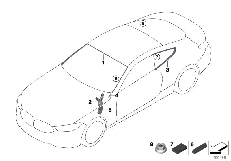 Остекление, дополнительные элементы для BMW F91 M8 S63M (схема запчастей)