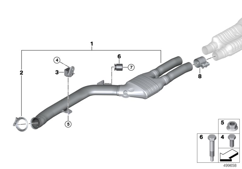 Катализатор/передний доп.глушитель для BMW G16 840iX B58C (схема запчастей)