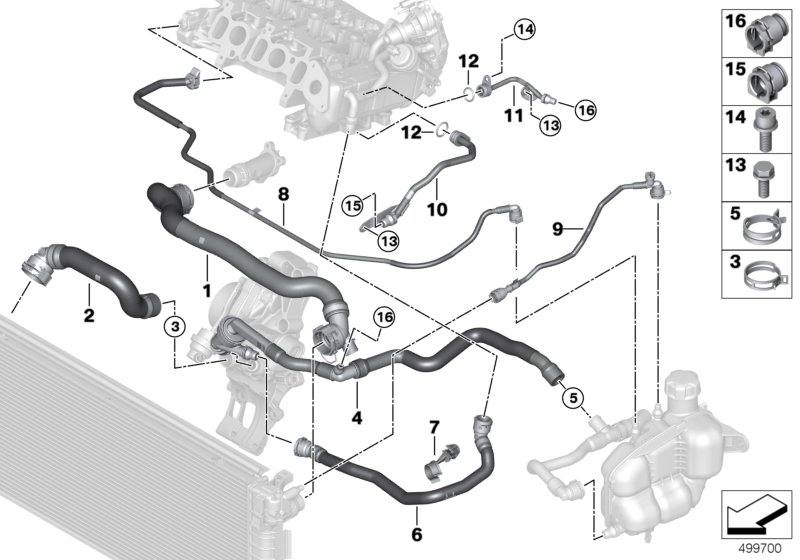 Шланги системы охлаждения для BMW F40 116d B37B (схема запчастей)