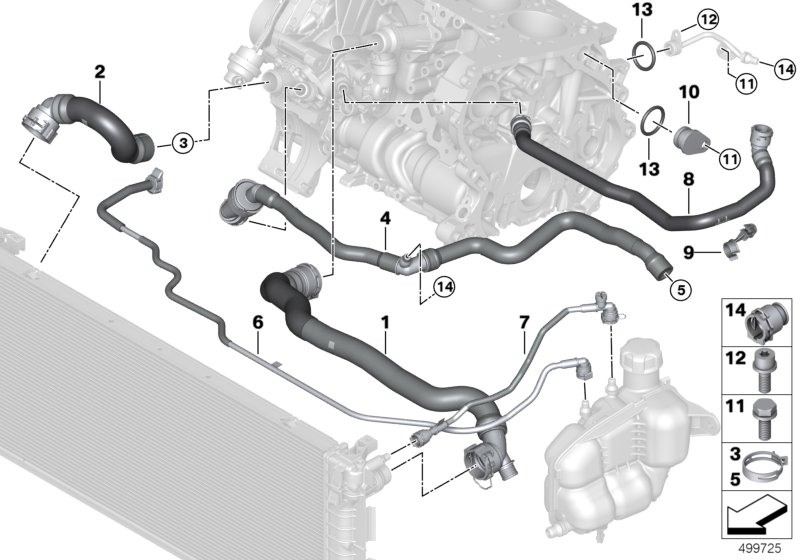 Шланги системы охлаждения для BMW F40 118d B47B (схема запчастей)