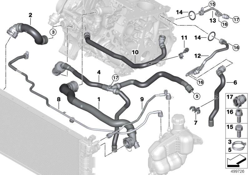 Шланги системы охлаждения для BMW F40 118d B47B (схема запчастей)