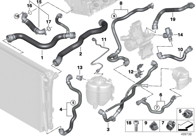 Шланги системы охлаждения для BMW G20 320i B46D (схема запчастей)