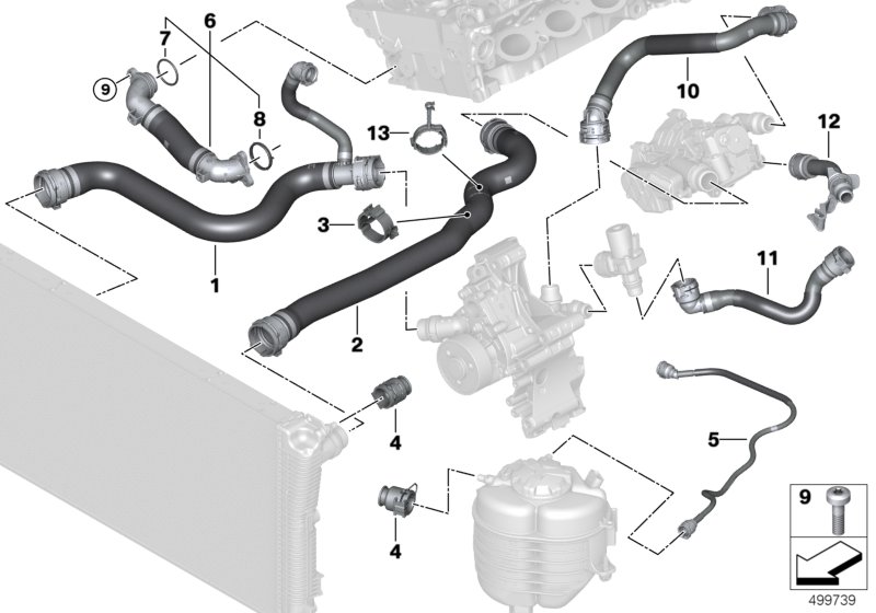 Шланги системы охлаждения для BMW G20 320i B48C (схема запчастей)