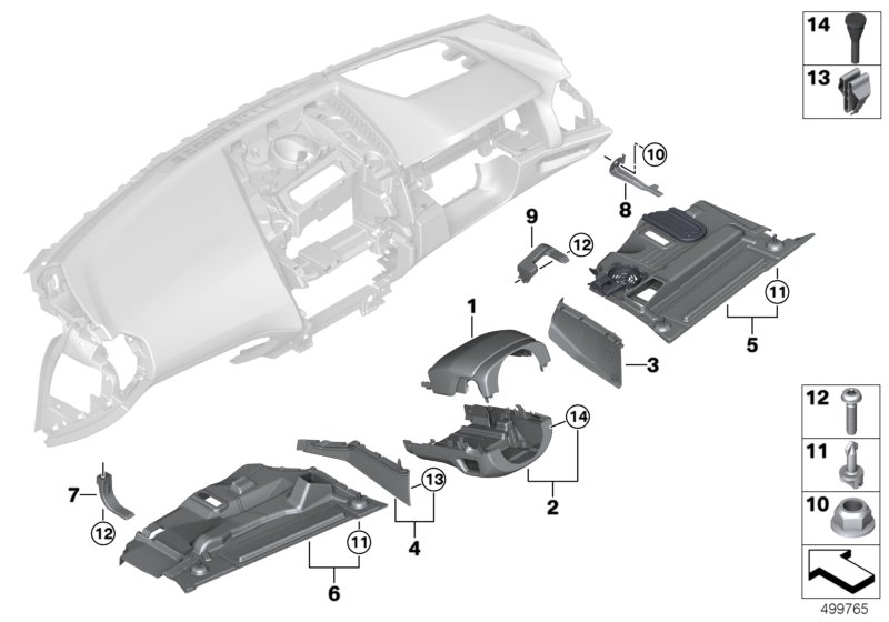 Доп.элементы панели приборов Нж. для BMW G16 840dX B57 (схема запчастей)
