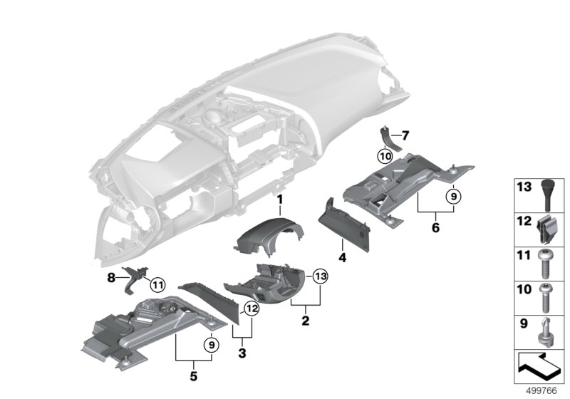 Доп.элементы панели приборов Нж. для BMW F91 M8 S63M (схема запчастей)