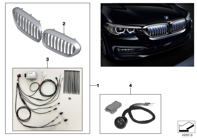 Элементы наружного оснащения для BMW G30 540iX B58 (схема запчастей)