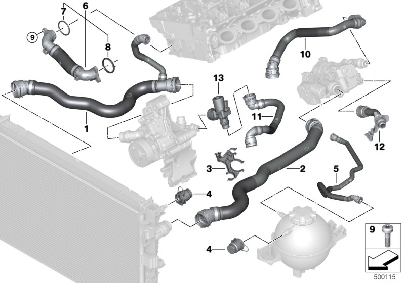 Шланги системы охлаждения для BMW G01 X3 20i B48C (схема запчастей)