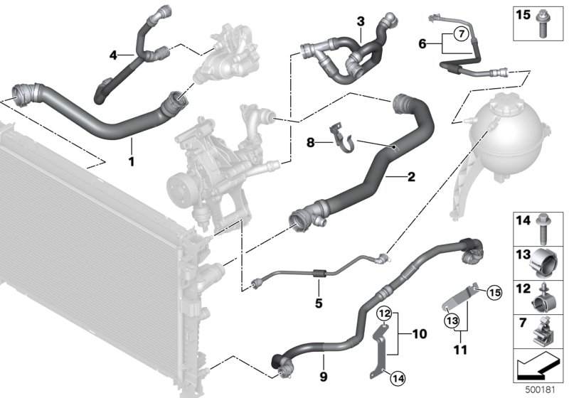 Шланги системы охлаждения для BMW G05 X5 25dX B47F (схема запчастей)