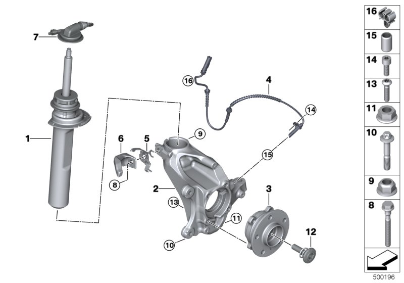 Стойка амортизатора Пд VDC/доп.элементы для BMW F54N Cooper B38C (схема запчастей)