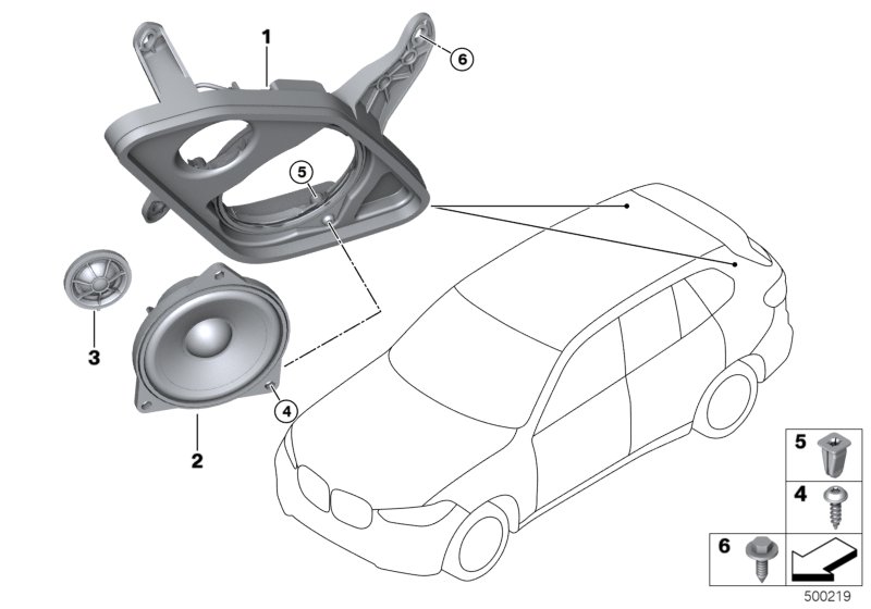 Детали системы Top-HiFi в стойке D для BMW G05 X5 M50iX N63B (схема запчастей)