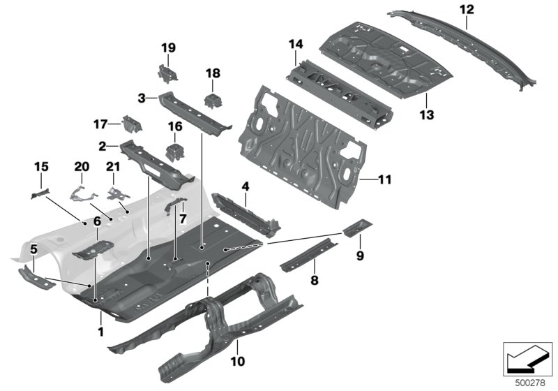 Перегородка баг.отделение/детали днища для BMW G31 530dX B57 (схема запчастей)